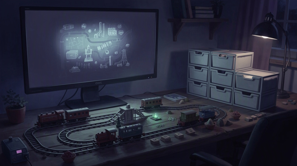 A cozy desk with a dark glowing monitor and neatly stored miniature factory pieces, suggesting saved progress.