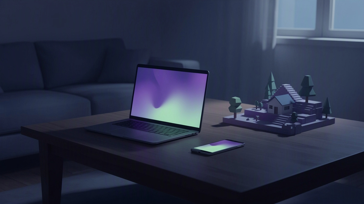 Laptop and phone beside a small blocky world model on a sunlit table.