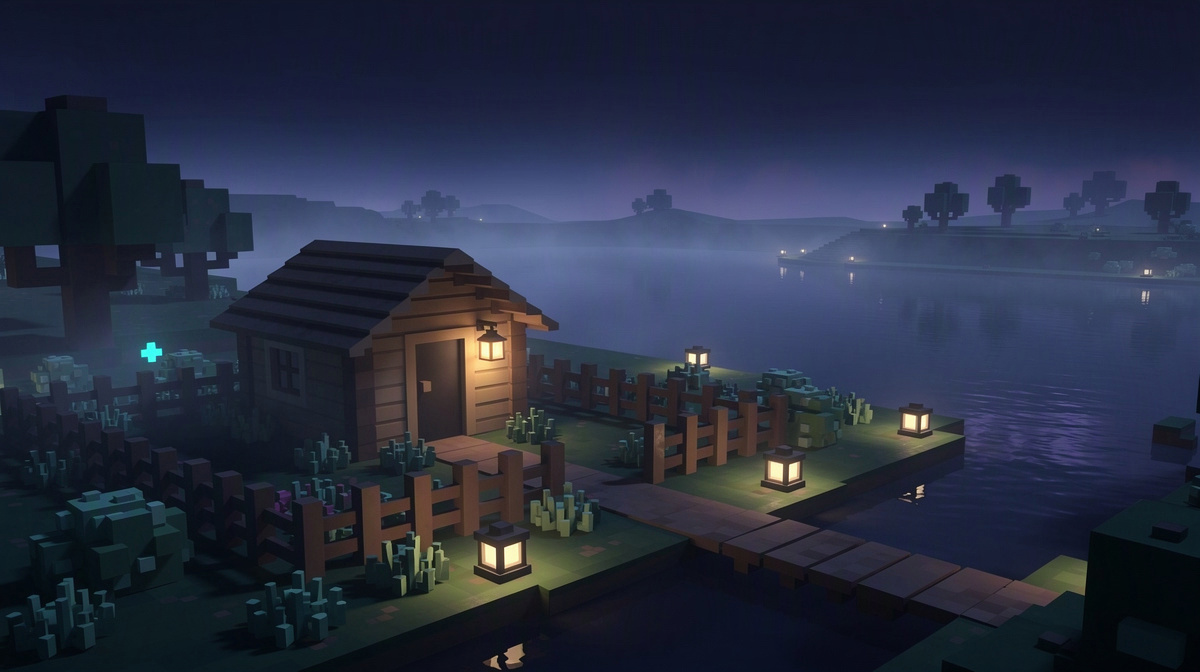 A quiet blocky landscape at dusk with a cabin and garden, calm and preserved.