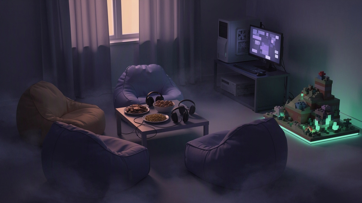 A comfortable room for a small friend group gathered around one private play setup.