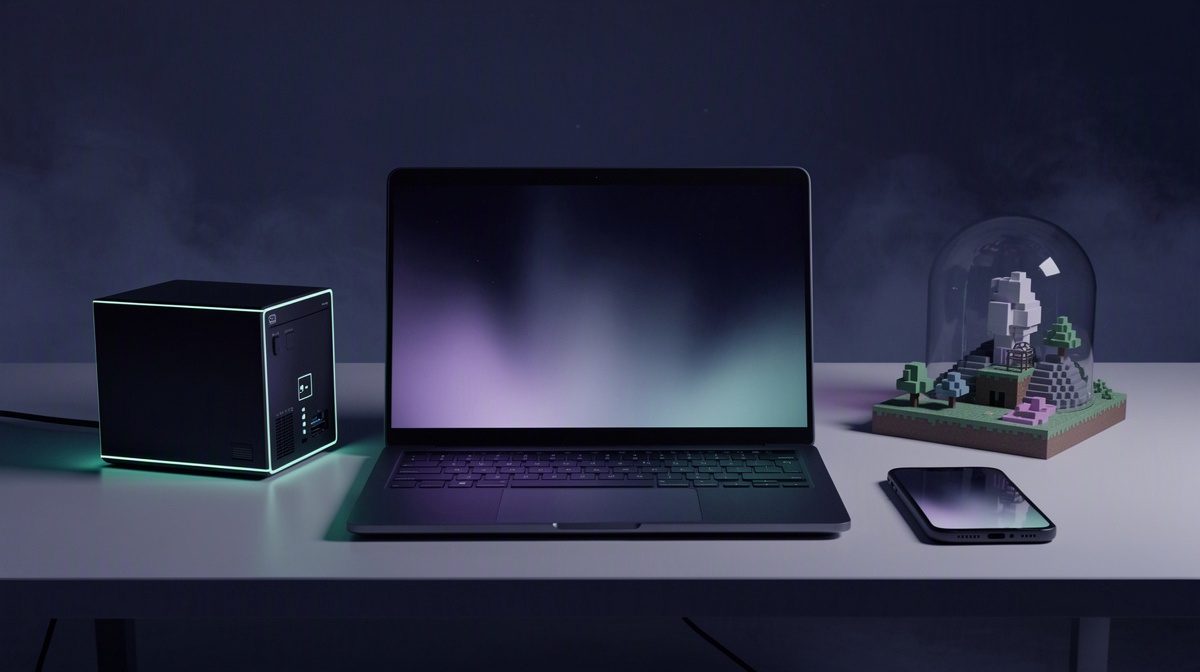 A simple desk scene suggests starting a private server and saving the world automatically.