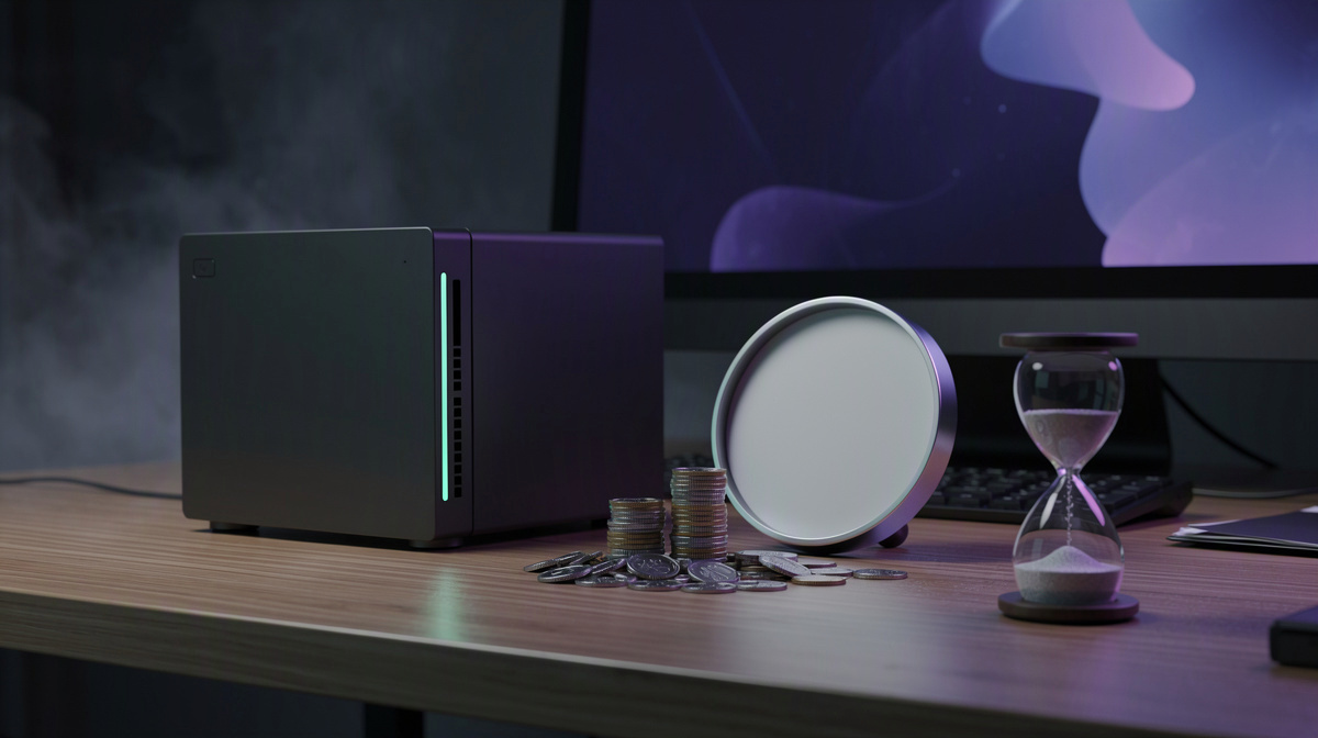 Server box, clock, coins, and hourglass on a desk lit by a soft blue monitor glow.