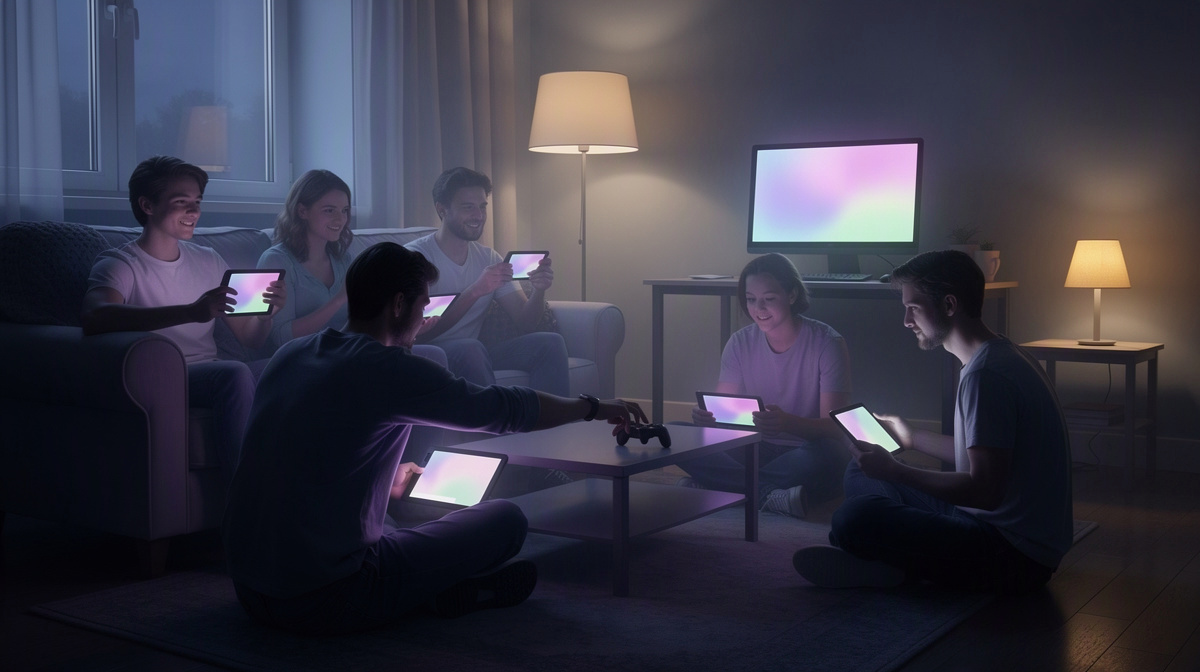Friends in a living room using phones and a computer to start a shared server together.
