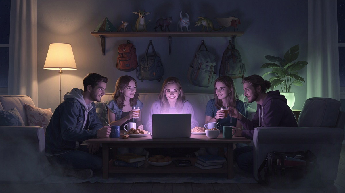 Friends relaxing together in a warm living room with a softly glowing laptop.