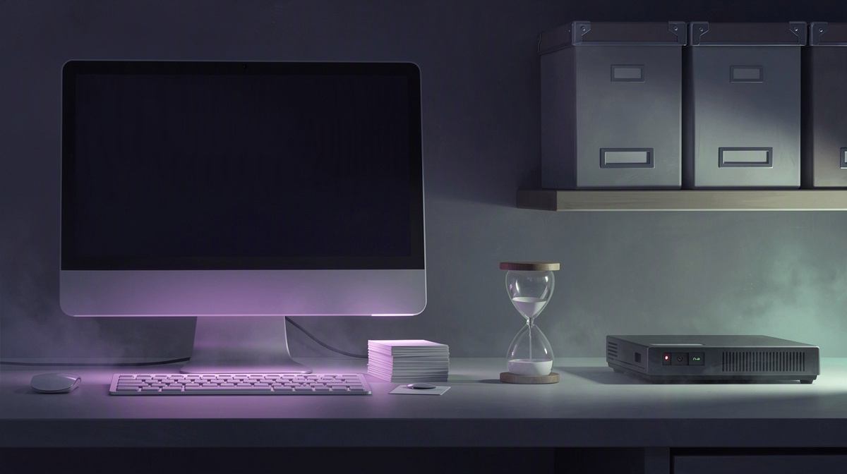 A clean desk with a computer, hourglass, storage boxes, and backup drive.