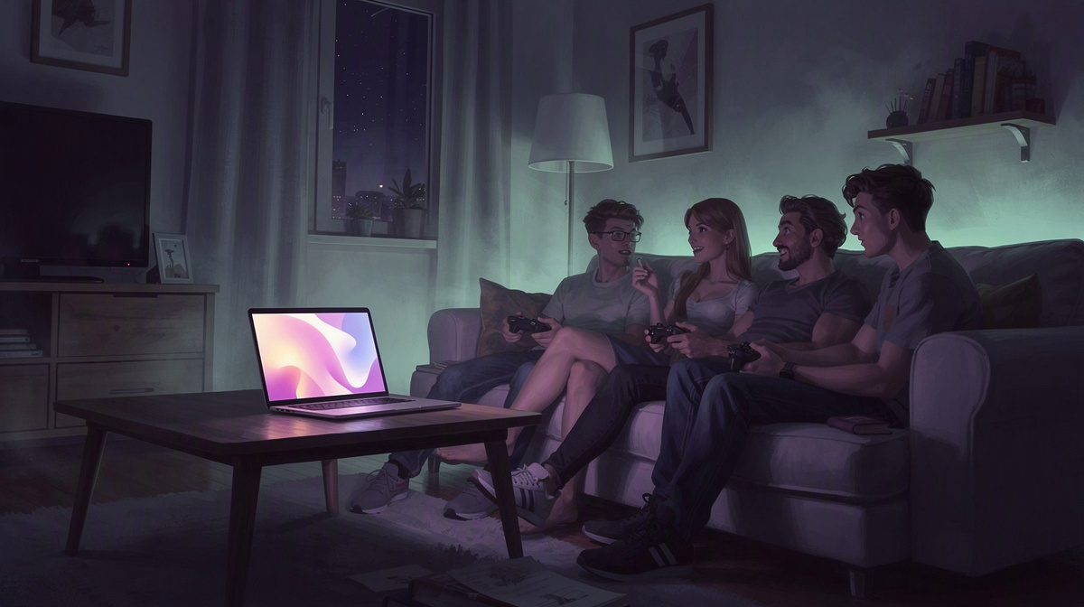 Friends in a living room with a laptop and controllers, ready to play together
