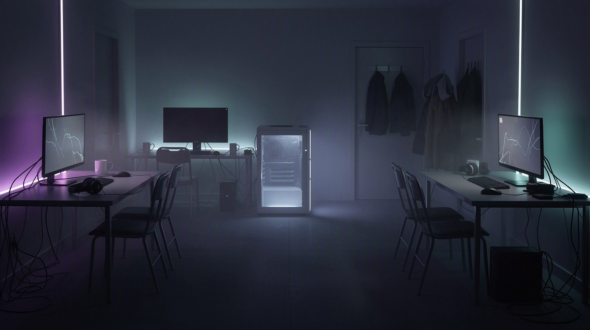 A quiet gaming room with an always-ready computer setup and empty chairs waiting for friends.