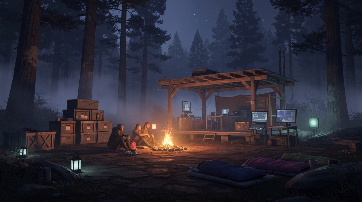 Peaceful forest camp with a small wooden base and friends by a campfire.