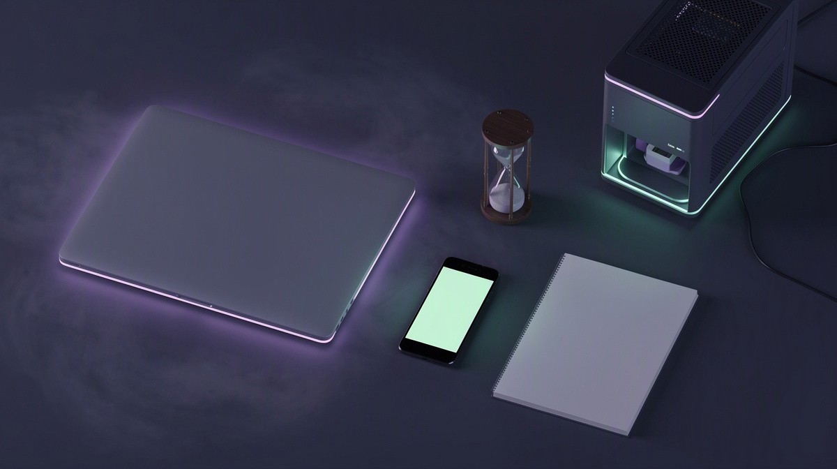 Minimal desk with laptop, phone, hourglass, and a softly glowing server device.