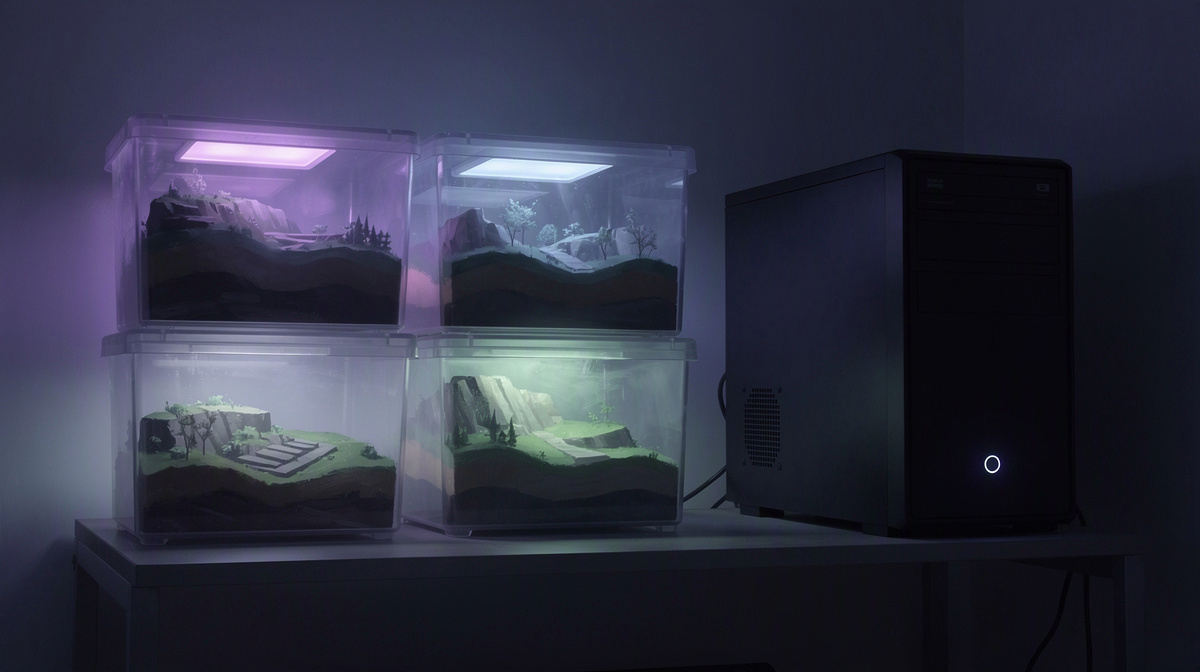 Three stored miniature worlds beside an idle computer in soft morning light.
