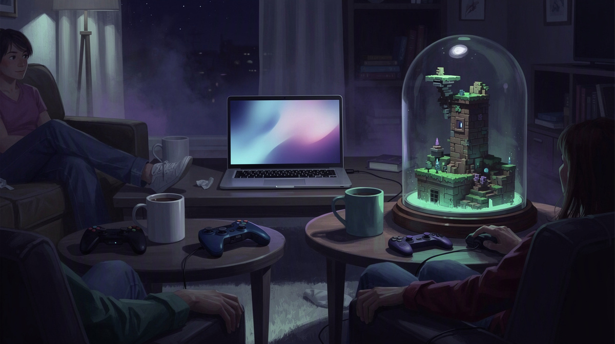 A relaxed living room with an idle laptop and a protected miniature world under glass.