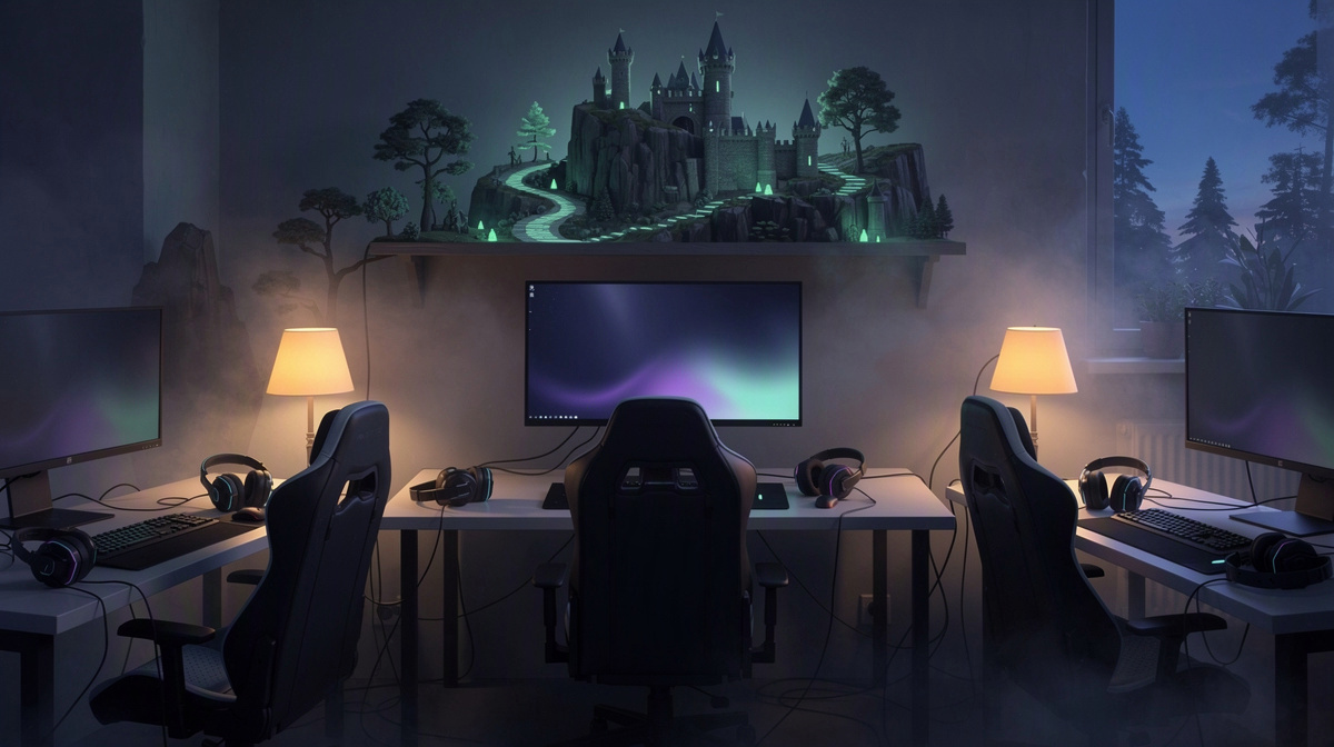 Quiet gaming room after a session, with dim screens and a preserved fantasy setup.