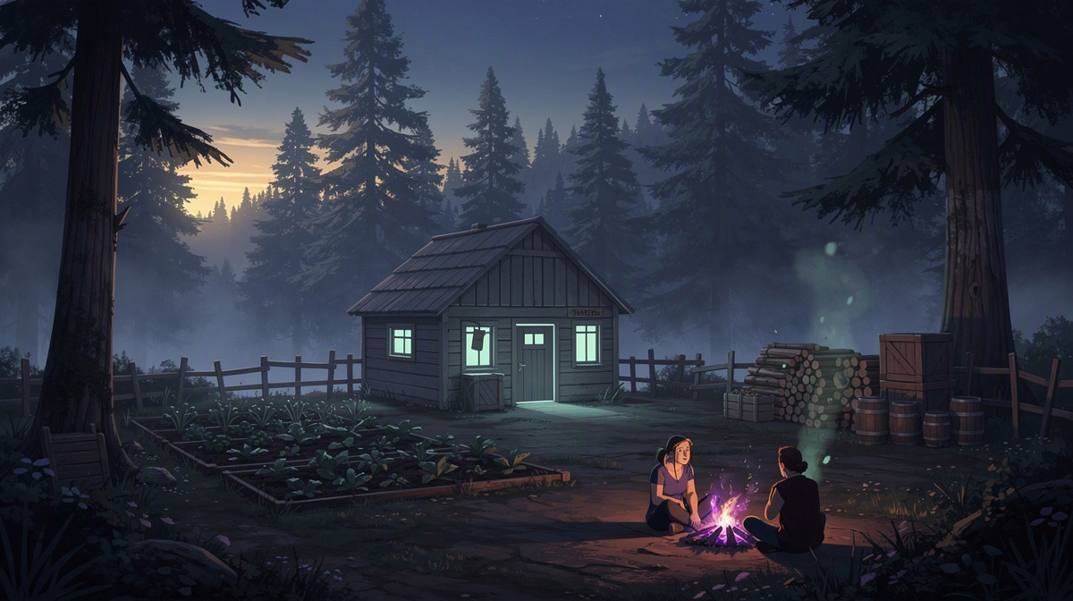 Peaceful fenced forest base with a hall, garden, supplies, and two friends by a fire.