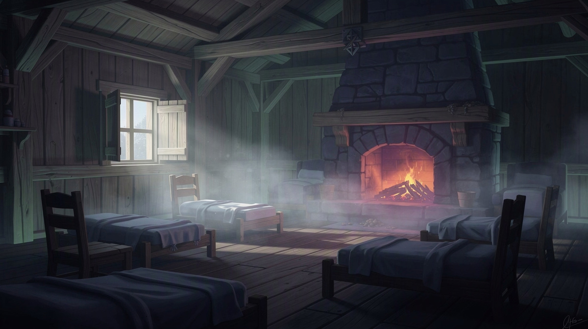 Rustic timber hall with a glowing hearth and ready seating, quiet and waiting at dawn.