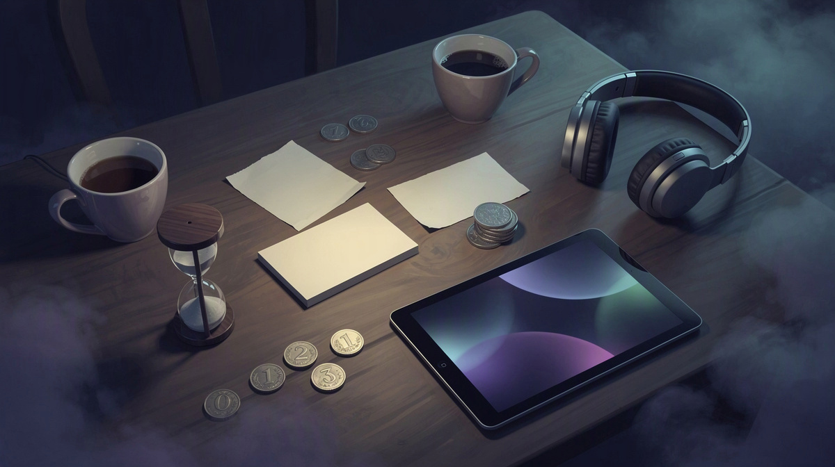Blank notes, coins, and an hourglass arranged to suggest estimating shared play costs.