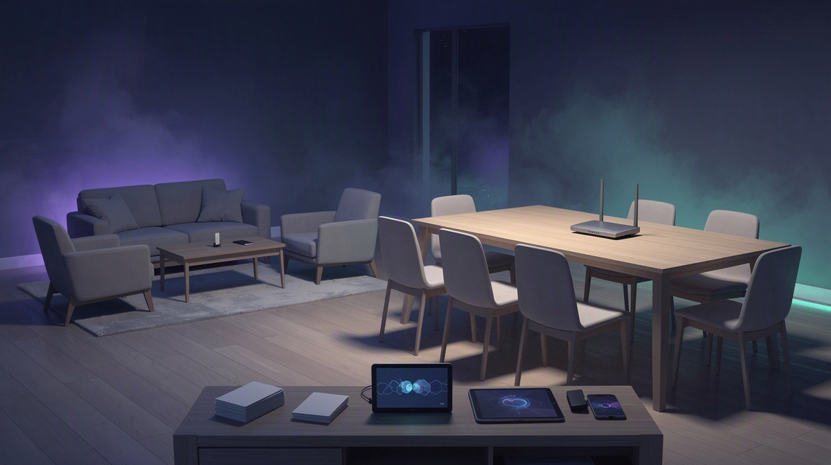 A living room arranged to compare a small private setup and a larger group setup.