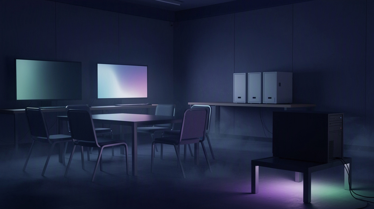 An empty gaming room with a softly glowing computer and neatly stored saved progress.