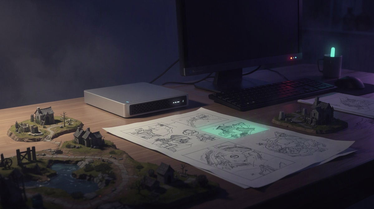 Sleeping computer, backup drive, and map pieces suggesting saved game progress.